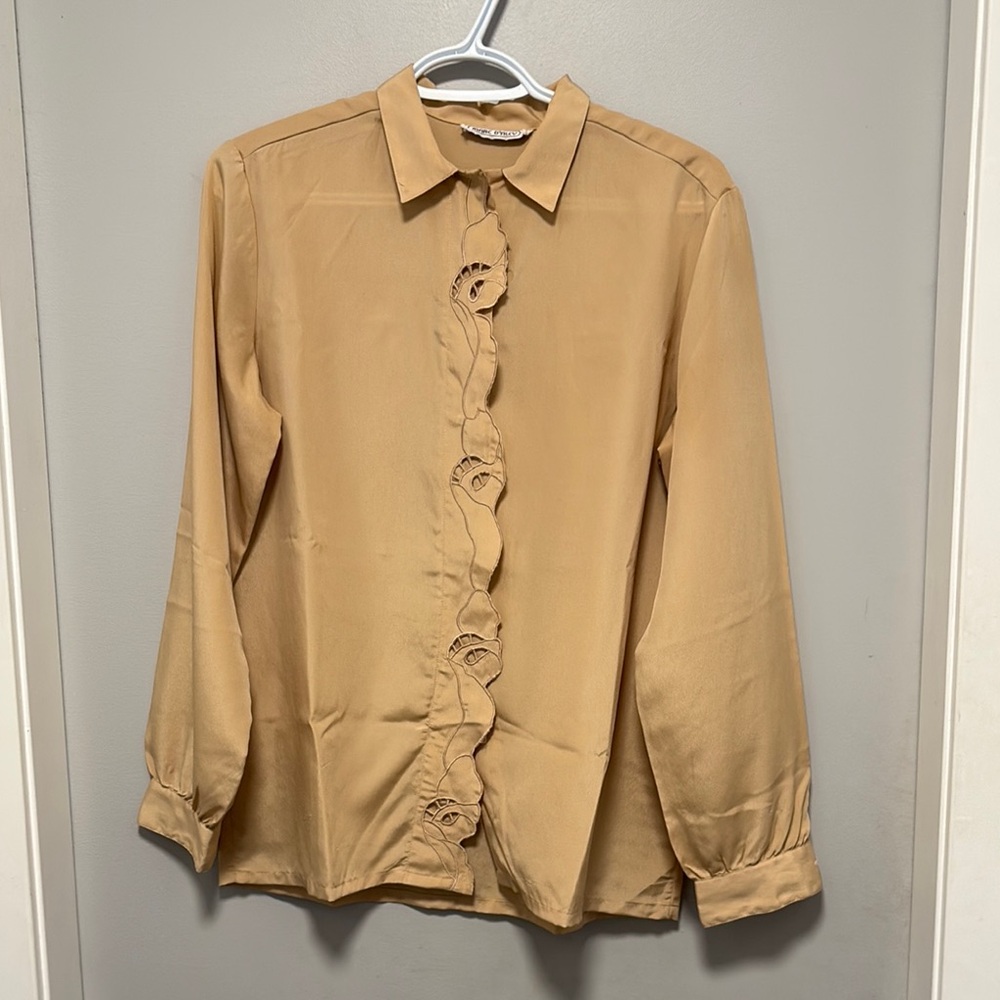 Vintage tan blouse with intricate detail and hidden buttons